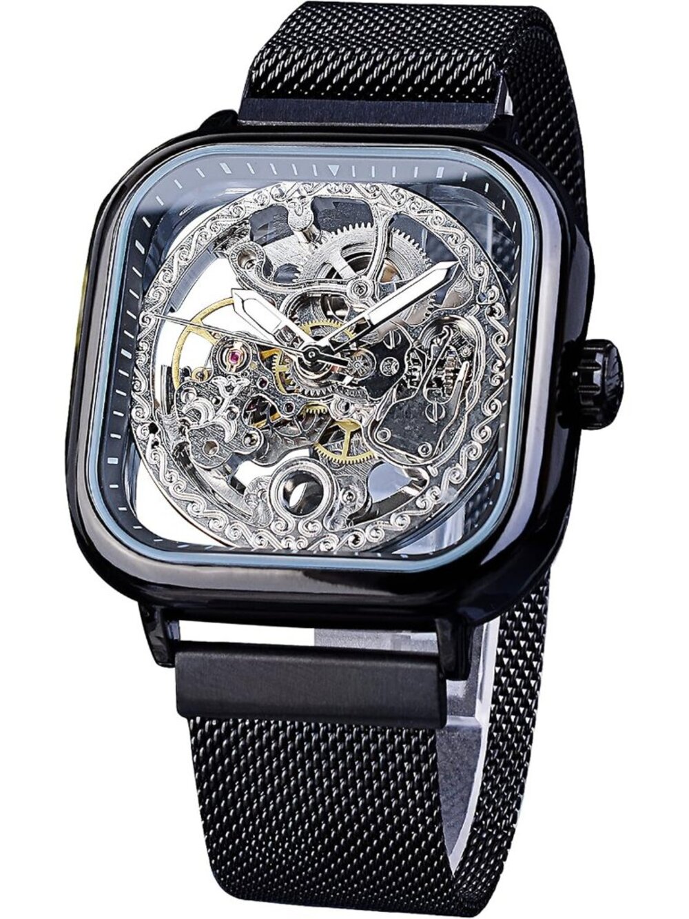 Men's Black Automatic Mechanical Skeleton Stainless Steel Transparent Dial Watch
